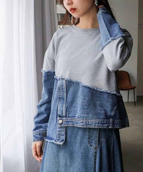 Cepica（セピカ）の「スウェット斜めドッキングデニムトップス（スウェット・レディース・ブラック/グレー・FREE）」の2枚目の写真