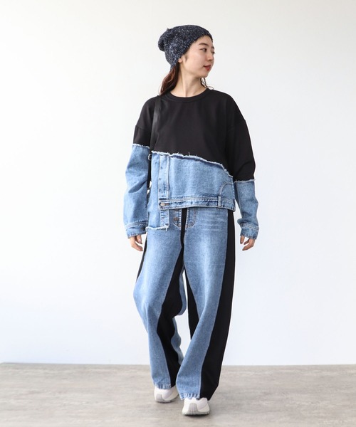 Cepica（セピカ）の「スウェット斜めドッキングデニムトップス（スウェット・レディース・ブラック/グレー・FREE）」の17枚目の写真