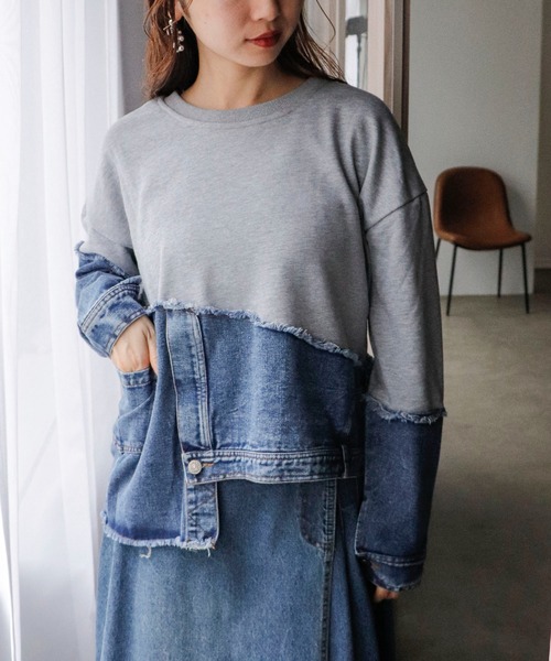 Cepica（セピカ）の「スウェット斜めドッキングデニムトップス（スウェット・レディース・ブラック/グレー・FREE）」の5枚目の写真