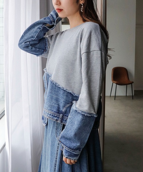 Cepica（セピカ）の「スウェット斜めドッキングデニムトップス（スウェット・レディース・ブラック/グレー・FREE）」の6枚目の写真