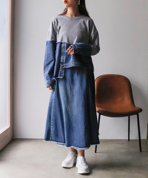 Cepica（セピカ）の「スウェット斜めドッキングデニムトップス（スウェット・レディース・ブラック/グレー・FREE）」の8枚目の写真