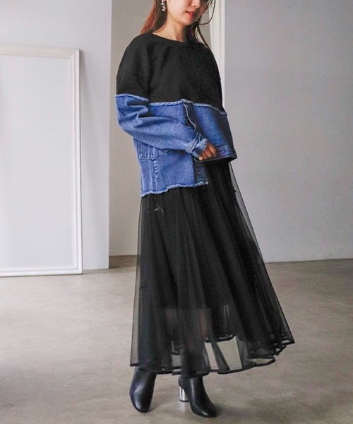 Cepica（セピカ）の「スウェット斜めドッキングデニムトップス（スウェット・レディース・ブラック/グレー・FREE）」の16枚目の写真