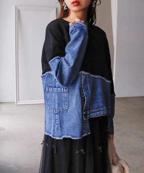 Cepica（セピカ）の「スウェット斜めドッキングデニムトップス（スウェット・レディース・ブラック/グレー・FREE）」の12枚目の写真