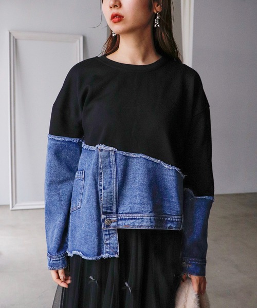 Cepica（セピカ）の「スウェット斜めドッキングデニムトップス（スウェット・レディース・ブラック/グレー・FREE）」の11枚目の写真