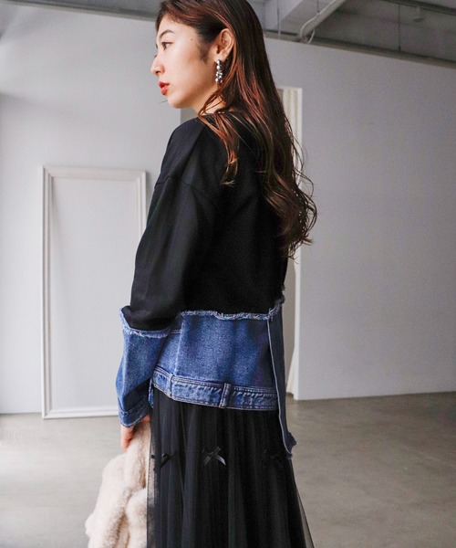 Cepica（セピカ）の「スウェット斜めドッキングデニムトップス（スウェット・レディース・ブラック/グレー・FREE）」の13枚目の写真