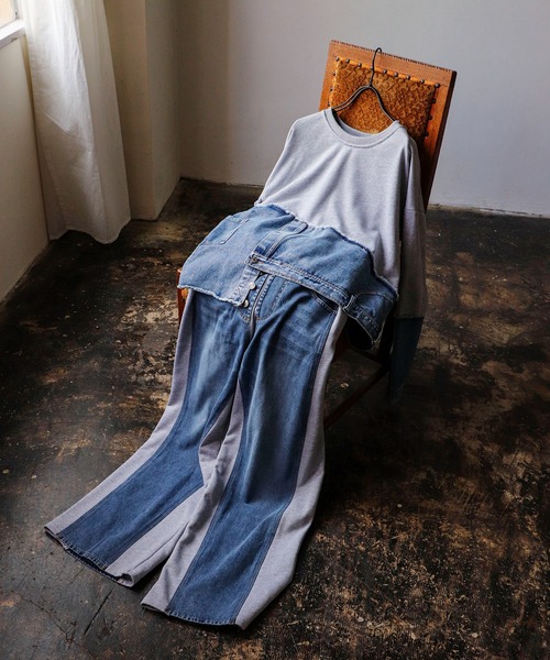 Cepica（セピカ）の「スウェット斜めドッキングデニムトップス（スウェット・レディース・ブラック/グレー・FREE）」の4枚目の写真