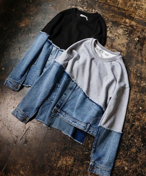 Cepica（セピカ）の「スウェット斜めドッキングデニムトップス（スウェット・レディース・ブラック/グレー・FREE）」の3枚目の写真