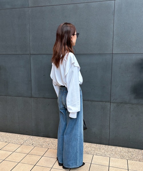 ISOOK(アイスー)の「【ISOOK / アイスー】ラッフルショルダーロンT / ラッフルスリーブ フレアスリーブ プルオーバー ブラウス 長袖 春服 春トップス(Tシャツ/カットソー・レディース・ブラック/ホワイト・FREE)」の8枚目の写真