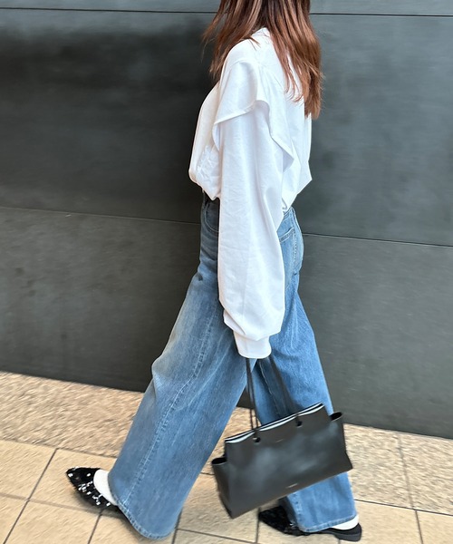 ISOOK(アイスー)の「【ISOOK / アイスー】ラッフルショルダーロンT / ラッフルスリーブ フレアスリーブ プルオーバー ブラウス 長袖 春服 春トップス(Tシャツ/カットソー・レディース・ブラック/ホワイト・FREE)」の6枚目の写真