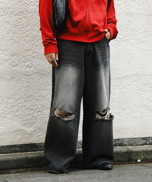 SENSE OF PLACE by URBAN RESEARCH（センスオブプレイスバイアーバンリサーチ）の「ダメージデニムワイドパンツ（デニムパンツ・メンズ・ブラック/インディゴブルー・MEDIUM/LARGE）」の3枚目の写真