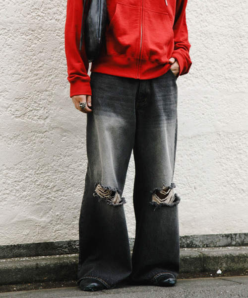 SENSE OF PLACE by URBAN RESEARCH（センスオブプレイスバイアーバンリサーチ）の「ダメージデニムワイドパンツ（デニムパンツ・メンズ・ブラック/インディゴブルー・MEDIUM/LARGE）」の4枚目の写真