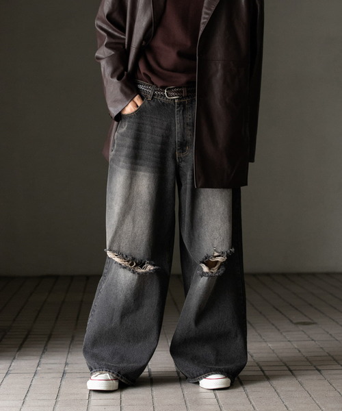 SENSE OF PLACE by URBAN RESEARCH（センスオブプレイスバイアーバンリサーチ）の「ダメージデニムワイドパンツ（デニムパンツ・メンズ・ブラック/インディゴブルー・MEDIUM/LARGE）」の10枚目の写真