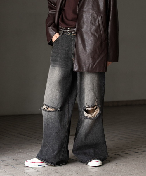 SENSE OF PLACE by URBAN RESEARCH（センスオブプレイスバイアーバンリサーチ）の「ダメージデニムワイドパンツ（デニムパンツ・メンズ・ブラック/インディゴブルー・MEDIUM/LARGE）」の11枚目の写真