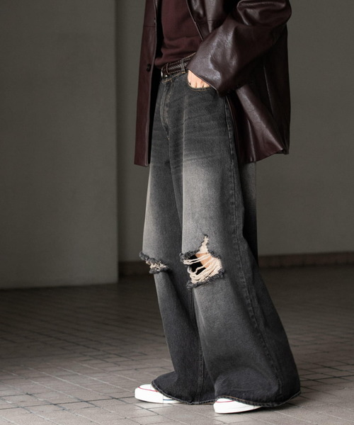 SENSE OF PLACE by URBAN RESEARCH（センスオブプレイスバイアーバンリサーチ）の「ダメージデニムワイドパンツ（デニムパンツ・メンズ・ブラック/インディゴブルー・MEDIUM/LARGE）」の13枚目の写真