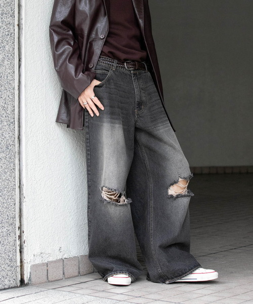 SENSE OF PLACE by URBAN RESEARCH（センスオブプレイスバイアーバンリサーチ）の「ダメージデニムワイドパンツ（デニムパンツ・メンズ・ブラック/インディゴブルー・MEDIUM/LARGE）」の14枚目の写真