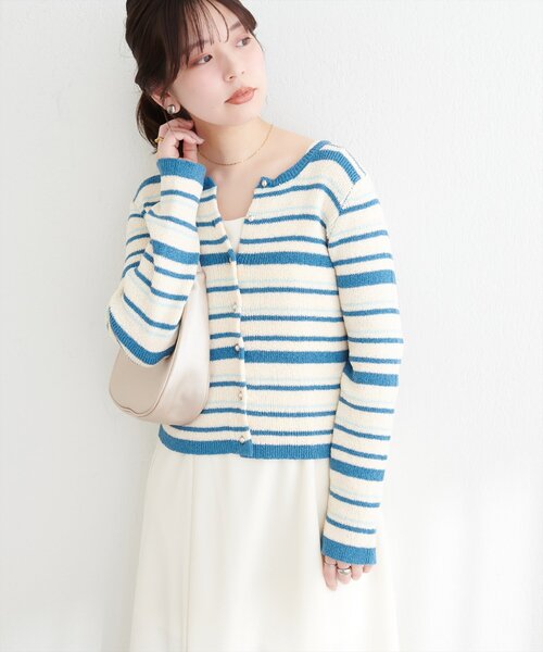 natural couture(ナチュラルクチュール)の「マルチボーダーニットカーディガン(カーディガン/ボレロ・レディース・ベージュ/ネイビー/サックスブルー・FREE)」の15枚目の写真