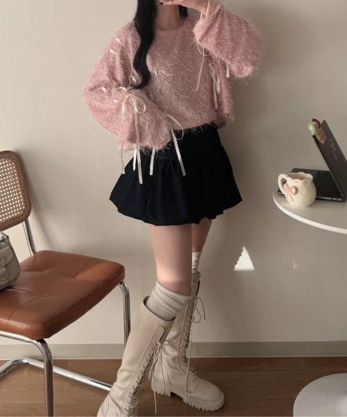 nemne store(ネンネストア)の「《Delfy》シアーヤーンリボントップス(Tシャツ/カットソー・レディース・ブラック系/アイボリー/ピンク系/グレー系・MEDIUM/SMALL)」の6枚目の写真