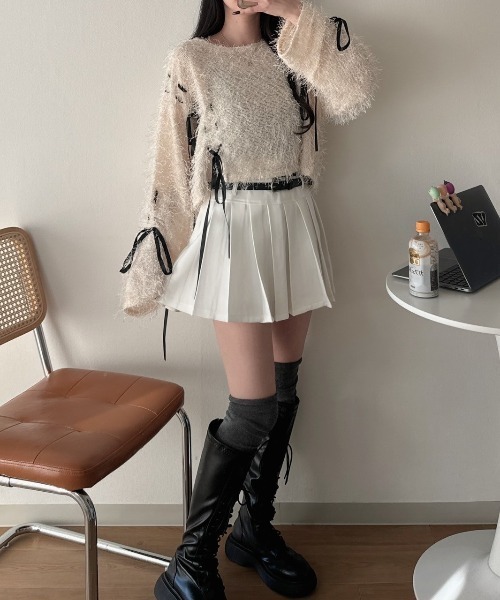 nemne store(ネンネストア)の「《Delfy》シアーヤーンリボントップス(Tシャツ/カットソー・レディース・ブラック系/アイボリー/ピンク系/グレー系・MEDIUM/SMALL)」の9枚目の写真