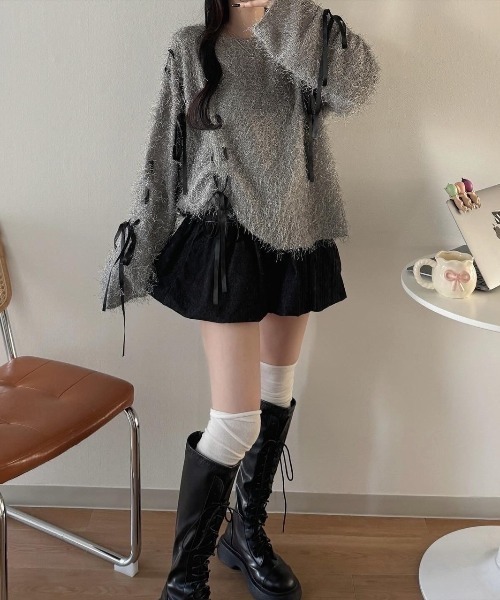 nemne store(ネンネストア)の「《Delfy》シアーヤーンリボントップス(Tシャツ/カットソー・レディース・ブラック系/アイボリー/ピンク系/グレー系・MEDIUM/SMALL)」の7枚目の写真
