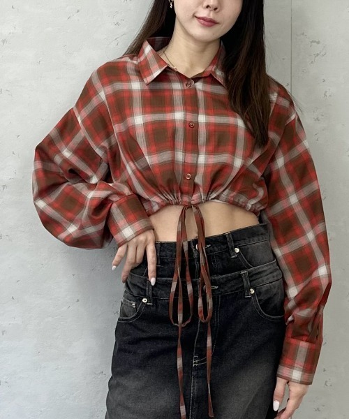 Per sist ence(パーシエンス)の「裾ドロストチェックショート丈シャツ(シャツ/ブラウス・レディース・ブラック/レッド/オレンジ・FREE)」の16枚目の写真