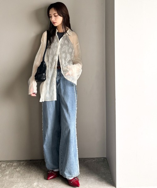 classicalelf(クラシカルエルフ)の「甘さ控えめ、大人の肌魅せ♪チュールレースオーバーシャツ(長袖)紫外線・日焼け対策/冷房対策(シャツ/ブラウス・レディース・ブラック/アイボリー/オフホワイト・LARGE/MEDIUM/SMALL/X-LARGE)」の8枚目の写真