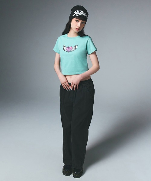 国内配送★X-girl★ハートウィング ロゴ クロップドTシャツ 3色 X-girl（エックスガール）の「HEART WING SHINY LOGO S/S