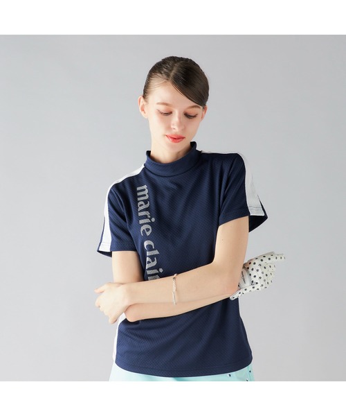 marie claire(マリ・クレール)の「marie claire GOLF/マリクレール ゴルフ ゴルフウェア 吸汗速乾 接触冷感 UVカット 吸湿涼感 切替 ハイネック 半袖 シャツ Tシャツ(Tシャツ/カットソー・レディース・ホワイト/ネイビー・L/LL/M)」の1枚目の写真
