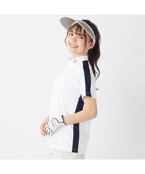 marie claire(マリ・クレール)の「marie claire GOLF/マリクレール ゴルフ ゴルフウェア 吸汗速乾 接触冷感 UVカット 吸湿涼感 切替 ハイネック 半袖 シャツ Tシャツ(Tシャツ/カットソー・レディース・ホワイト/ネイビー・L/LL/M)」の2枚目の写真