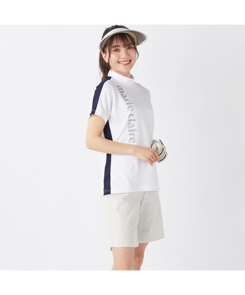 marie claire(マリ・クレール)の「marie claire GOLF/マリクレール ゴルフ ゴルフウェア 吸汗速乾 接触冷感 UVカット 吸湿涼感 切替 ハイネック 半袖 シャツ Tシャツ(Tシャツ/カットソー・レディース・ホワイト/ネイビー・L/LL/M)」の6枚目の写真