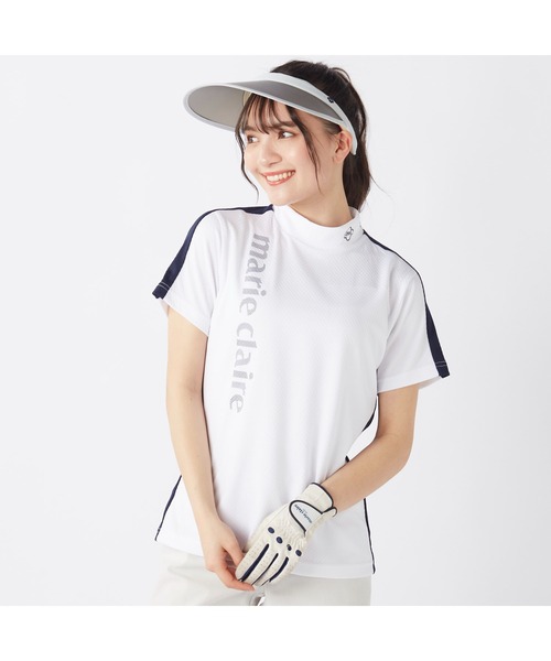 marie claire(マリ・クレール)の「marie claire GOLF/マリクレール ゴルフ ゴルフウェア 吸汗速乾 接触冷感 UVカット 吸湿涼感 切替 ハイネック 半袖 シャツ Tシャツ(Tシャツ/カットソー・レディース・ホワイト/ネイビー・L/LL/M)」の8枚目の写真