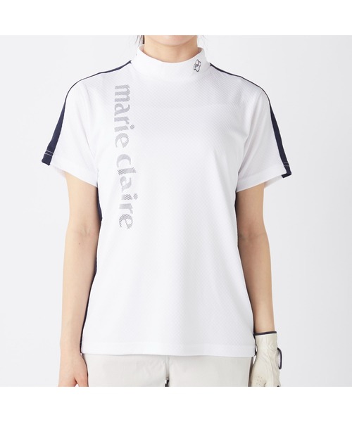 marie claire(マリ・クレール)の「marie claire GOLF/マリクレール ゴルフ ゴルフウェア 吸汗速乾 接触冷感 UVカット 吸湿涼感 切替 ハイネック 半袖 シャツ Tシャツ(Tシャツ/カットソー・レディース・ホワイト/ネイビー・L/LL/M)」の4枚目の写真