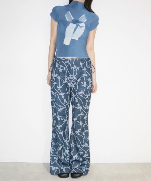 musubore プリーツプリントトップス ブルー リボン musubore tシャツ 「 select 」pleated print tops /プリーツ