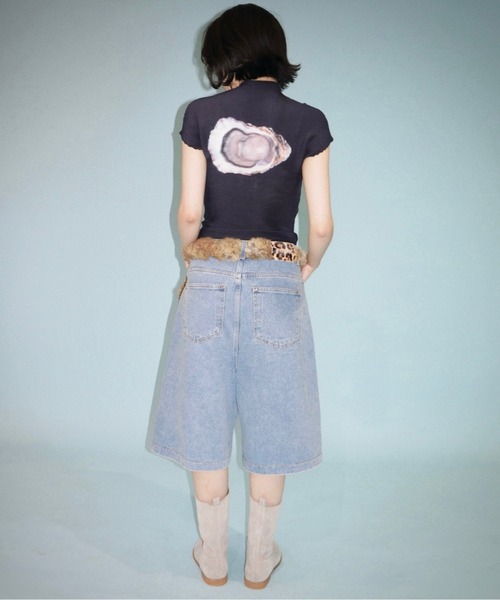 musubore プリーツプリントトップス ブルー リボン musubore tシャツ 「 select 」pleated print tops /プリーツ