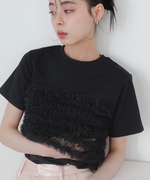 LIAN(リアン)の「フリルチュールビスチェTシャツ(Tシャツ/カットソー・レディース・ホワイト×ブラック/ブラック/オフホワイト・FREE)」の19枚目の写真