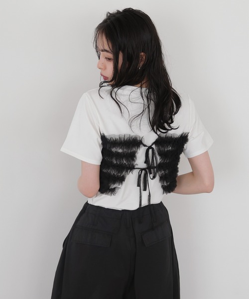 LIAN(リアン)の「フリルチュールビスチェTシャツ(Tシャツ/カットソー・レディース・ホワイト×ブラック/ブラック/オフホワイト・FREE)」の9枚目の写真