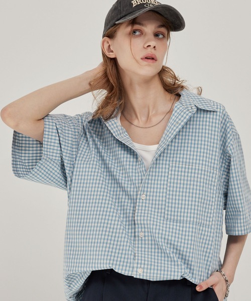 EMMA CLOTHES（エマクローズ）の「ヴィンテージライク レギュラーカラーミニチェック半袖シャツ（シャツ/ブラウス・メンズ・ブラック/ベージュ/ダークネイビー/サックスブルー・M/L）」の4枚目の写真
