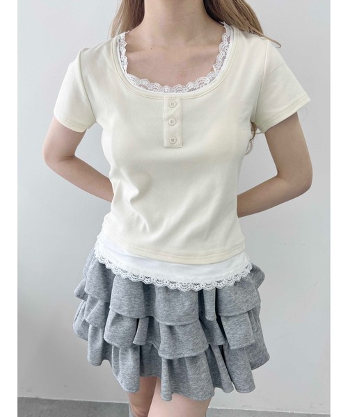 WEGO(ウィゴー)の「【PHILLY】レースポイントフェイクレイヤードT(Tシャツ/カットソー・レディース・アイボリー/グレー/ブラック・FREE)」の2枚目の写真