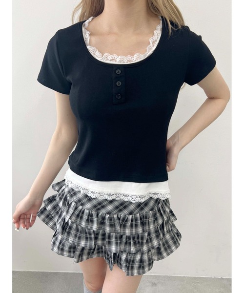 WEGO(ウィゴー)の「【PHILLY】レースポイントフェイクレイヤードT(Tシャツ/カットソー・レディース・アイボリー/グレー/ブラック・FREE)」の3枚目の写真