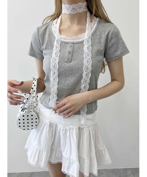 WEGO(ウィゴー)の「【PHILLY】レースポイントフェイクレイヤードT(Tシャツ/カットソー・レディース・アイボリー/グレー/ブラック・FREE)」の11枚目の写真