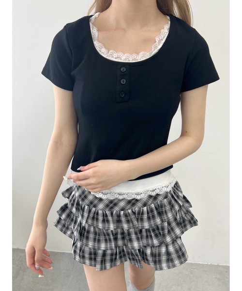 WEGO(ウィゴー)の「【PHILLY】レースポイントフェイクレイヤードT(Tシャツ/カットソー・レディース・アイボリー/グレー/ブラック・FREE)」の13枚目の写真