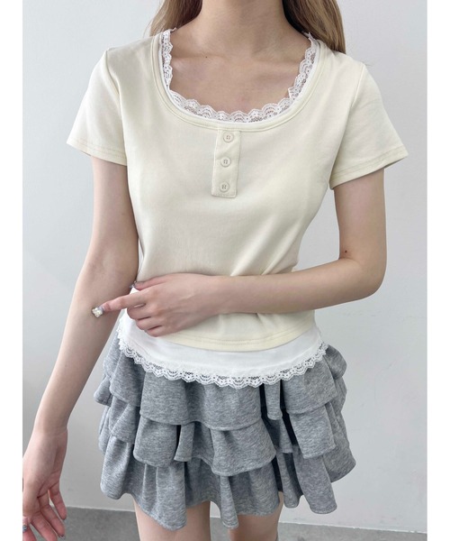 WEGO(ウィゴー)の「【PHILLY】レースポイントフェイクレイヤードT(Tシャツ/カットソー・レディース・アイボリー/グレー/ブラック・FREE)」の5枚目の写真