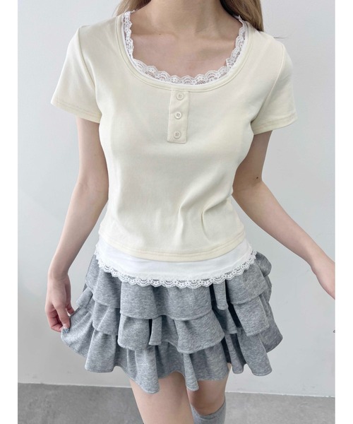 WEGO(ウィゴー)の「【PHILLY】レースポイントフェイクレイヤードT(Tシャツ/カットソー・レディース・アイボリー/グレー/ブラック・FREE)」の6枚目の写真