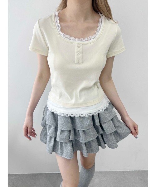 WEGO(ウィゴー)の「【PHILLY】レースポイントフェイクレイヤードT(Tシャツ/カットソー・レディース・アイボリー/グレー/ブラック・FREE)」の7枚目の写真