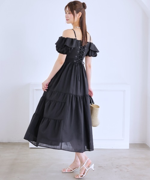 セール】バックレースアップオフショルティアードワンピース