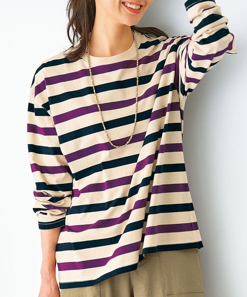 BELLUNA PLUS(ベルーナ)の「綿100%配色ボーダープルオーバー(Tシャツ/カットソー・レディース・イエロー×グリーン/ミント/ネイビー・MEDIUM/X-LARGE/LARGE)」の2枚目の写真