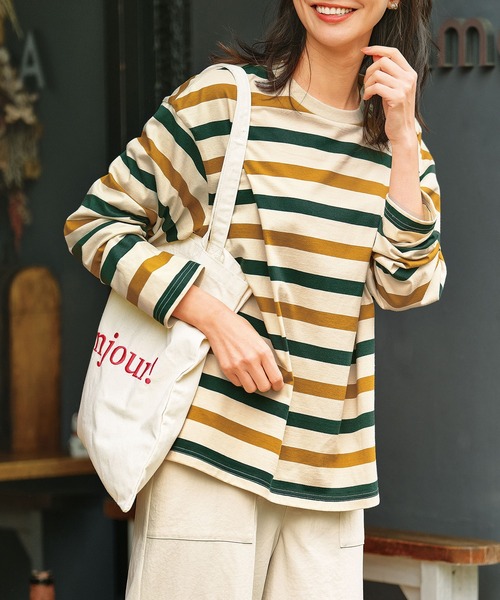 BELLUNA PLUS(ベルーナ)の「綿100%配色ボーダープルオーバー(Tシャツ/カットソー・レディース・イエロー×グリーン/ミント/ネイビー・MEDIUM/X-LARGE/LARGE)」の3枚目の写真