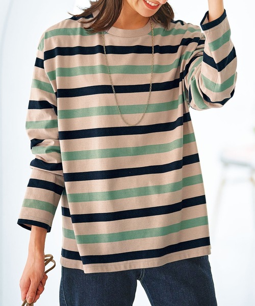 BELLUNA PLUS(ベルーナ)の「綿100%配色ボーダープルオーバー(Tシャツ/カットソー・レディース・イエロー×グリーン/ミント/ネイビー・MEDIUM/X-LARGE/LARGE)」の1枚目の写真