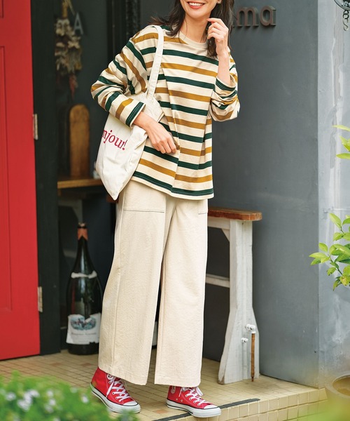 BELLUNA PLUS(ベルーナ)の「綿100%配色ボーダープルオーバー(Tシャツ/カットソー・レディース・イエロー×グリーン/ミント/ネイビー・MEDIUM/X-LARGE/LARGE)」の4枚目の写真