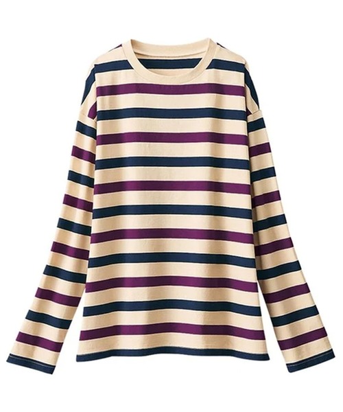 BELLUNA PLUS(ベルーナ)の「綿100%配色ボーダープルオーバー(Tシャツ/カットソー・レディース・イエロー×グリーン/ミント/ネイビー・MEDIUM/X-LARGE/LARGE)」の6枚目の写真