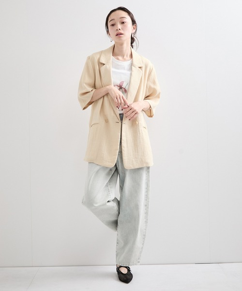 le cercle ADAM ET ROPE'(ルセルクルアダムエロペ)の「麻調ダブル半袖ジャケット(テーラードジャケット・レディース・ブラック/キナリ/ライトグレー・FREE)」の18枚目の写真
